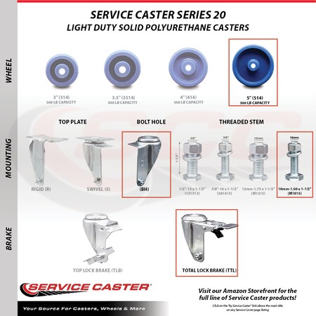 Service Caster 5 Inch SS Solid Polyurethane 10mm Threaded Stem Caster with Total Lock Brake SCC-SSTSTTL20S514-SPUS-M1015